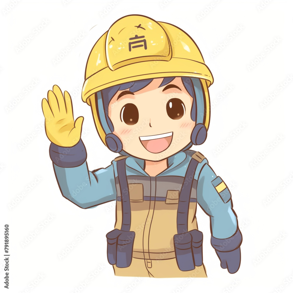 a guy wearing an overall and a security helmet, he's very happy and saying hi, character, illustration, kawaii сreated with Generative Ai a guy wearing an overall and a security helmet, he's very happy and saying hi, character, illustration, kawaii сreated with Generative Ai