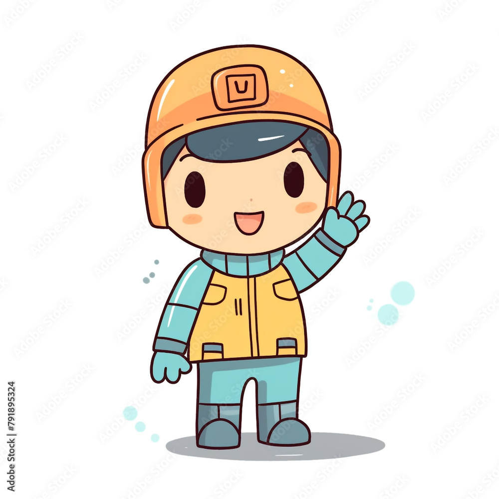 a guy wearing an overall and a security helmet, he's very happy and saying hi, character, illustration, kawaii сreated with Generative Ai