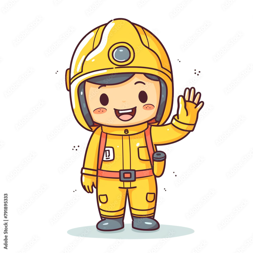 a guy wearing an overall and a security helmet, he's very happy and saying hi, character, illustration, kawaii сreated with Generative Ai