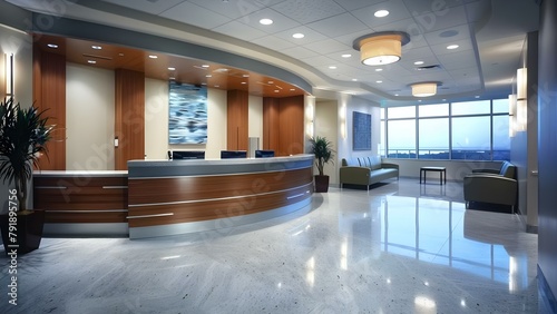 Empty hospital lobby with vacant front desk and reception counter. Concept Hospital Interiors, Medical Facilities, Reception Areas, Empty Spaces photo