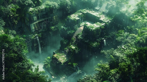 3D rendered isometric view of a futuristic jungle outpost on cliff islands surrounded by tranquil water photo