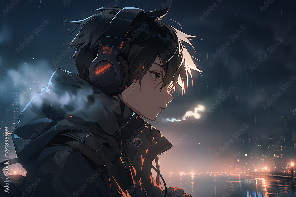 Fototapeta premium profile portrait of an anime guy listening to music in large headphones against in night city in the rain