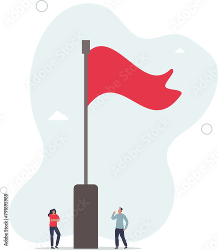 thoughtful businessman and businesswoman look at red flag.flat vector illustration.
