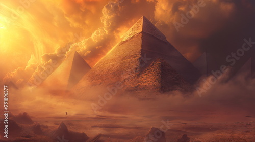 Several pyramids stand tall in the vast desert landscape under a dark sky