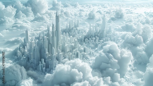 Futuristic cityscape with a lone figure observing from high above amidst clouds and skyscrapers © Yusif