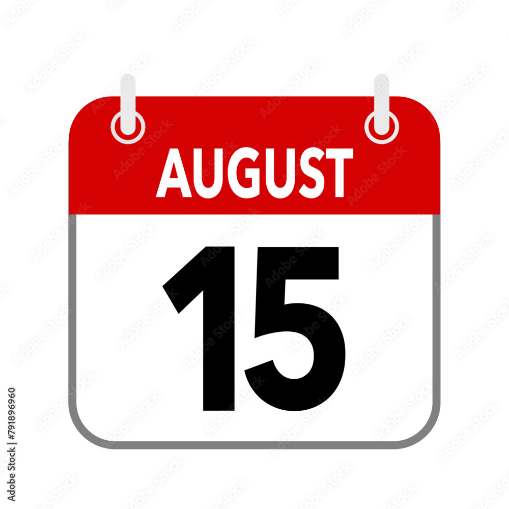15 August, calendar date icon on white background. 15 August, calendar date icon on white background.