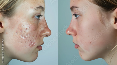 Side by side comparison of a woman cheek with acne scars before and after dermatological treatment, revealing smoother skin photo