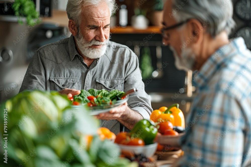 In a heartwarming scene, a senior man engages with a nutritionist in a close-up shot emphasizing their hands, focusing on the exchange of personalized nutrition advice In a heartwarming scene, a senior man engages with a nutritionist in a close-up shot emphasizing their hands, focusing on the exchange of personalized nutrition advice