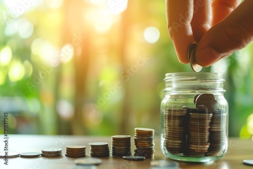 A hand dropping a coin into a glass jar.