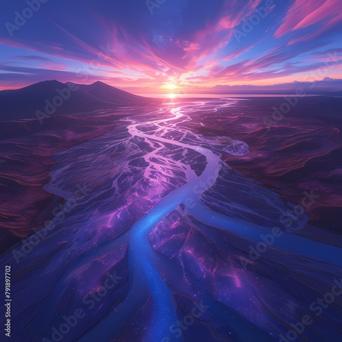 Ethereal Aerial Shot of a Vibrant Lava Lake at Dusk with the Sun Setting Behind It