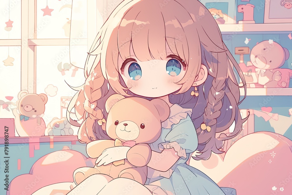 adorable little chibi anime girl with toy teddy bear in her room