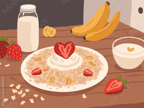 Modern Vector Illustration. Fast Food Menu with Porridge, Milk, and Fresh Fruits.