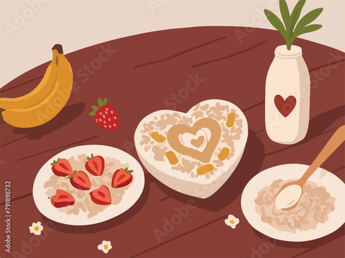 Modern Vector Illustration. Fast Food Menu with Porridge, Milk, and Fresh Fruits.