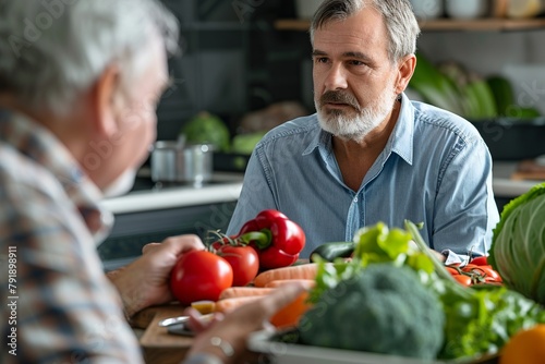 In a heartwarming scene, a senior man engages with a nutritionist in a close-up shot emphasizing their hands, focusing on the exchange of personalized nutrition advice