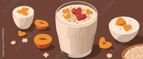 Modern Vector Illustration. Fast Food Menu with Porridge, Milk, and Fresh Fruits.