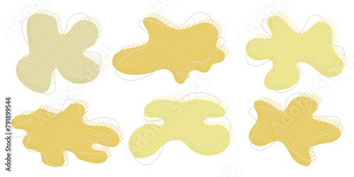Collection of organic irregular blob shapes with decorative stripes and stroke line. Yellow random deform circle spot. Isolated white background Organic amoeba Doodle elements Vector illustration (ID: 791899544)