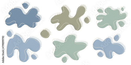 Collection of organic irregular blob shape with decorative stripes and stroke line. Yellow blue random deform circle spot. Isolated white background Organic amoeba Doodle elements Vector illustration. (ID: 791899792)
