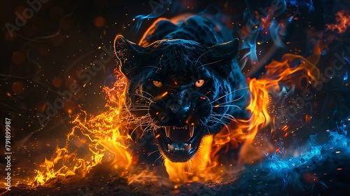 Angry black jaguar with open mouth and fiery mane, Glowing yellow eyes, jumping, blue fire flames and sand at night background. Intense Black Panther with Fierce Glowing Eyes in Blue Fiery Ambience