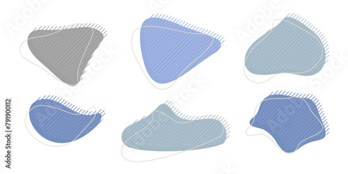 Collection of organic irregular blob shape with decorative stripes and stroke line. Gray blue random deform circle spot. Isolated white background Organic amoeba Doodle elements Vector illustration. (ID: 791900112)