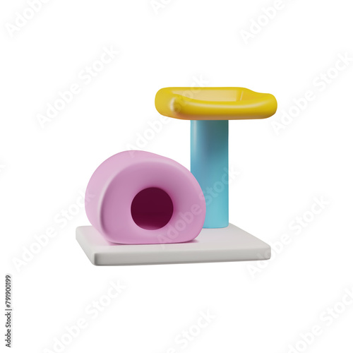 Cat house with claw sharpener 3D icon, cozy cat climbing tree with a home and a scratching post, render pet accessory