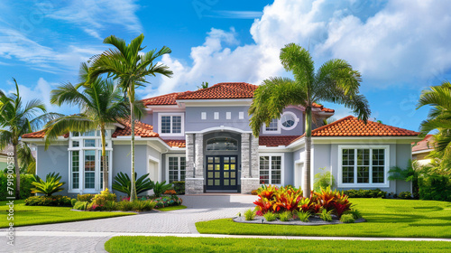 : A mesmerizing tableau capturing the splendor of an upscale residence featuring elegant gray walls accentuated by crisp white trimmings, topped by a striking red tiled roof, surrounded by a verdant f