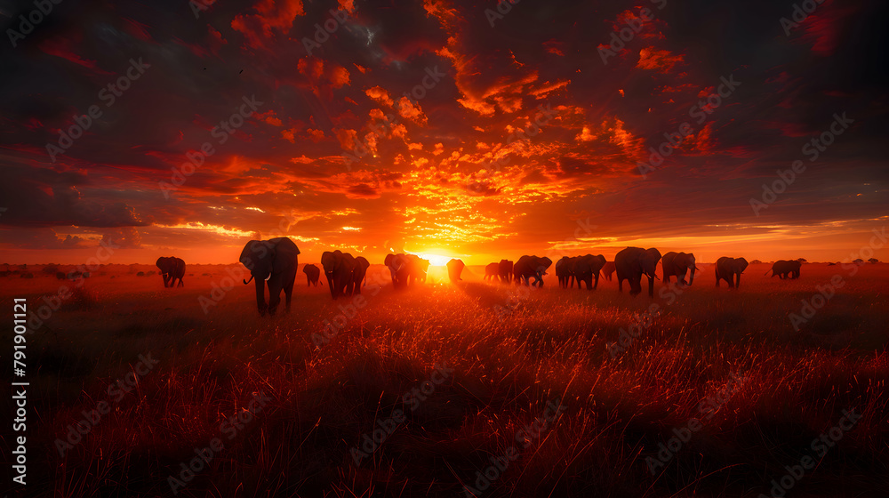 A large herd of elephants migrating across an African savanna at sunset, shot in HDR to enhance the dramatic sky and landscape