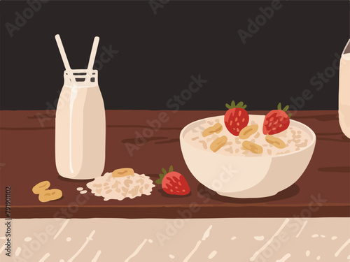 Modern Vector Illustration. Fast Food Menu with Porridge, Milk, and Fresh Fruits.
