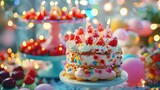 Bright dessert for childs birthday party on background of bokeh light bulbs garlands family childhood
