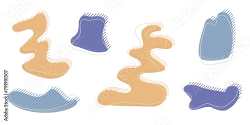 Collection of organic irregular blob shape with decorative stripes and stroke line. Yellow blue random deform circle spot. Isolated white background Organic amoeba Doodle elements Vector illustration. (ID: 791901507)