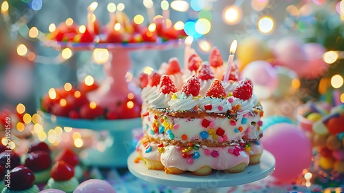 Bright dessert for childs birthday party on background of bokeh light bulbs garlands family childhood © Emma