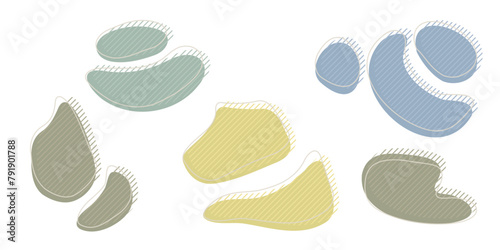 Collection of organic irregular blob shape with decorative stripes and stroke line. Gray blue random deform circle spot. Isolated white background Organic amoeba Doodle elements Vector illustration. (ID: 791901788)