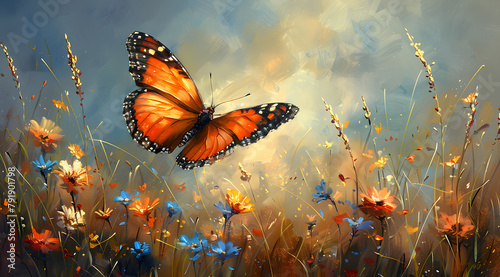 Intimate Encounter: Butterfly and Wind in Close-Up Oil Painting photo