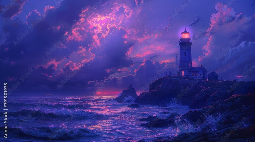 Dramatic seascape with a lighthouse amidst stormy waves and a mystical sunset