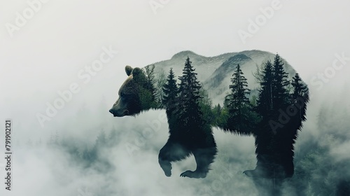 The bear is in the foreground and is partially transparent, so you can see the trees and mountains behind it