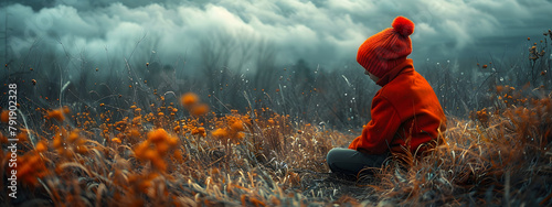 A person wearing red jacket sitting on mountain in nature photo