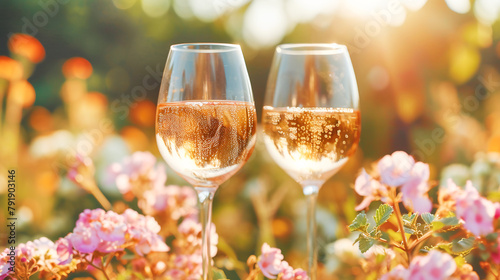 Two glasses with white wine among flowers at vineyard in golden sunlight