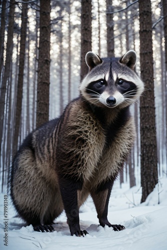 a raccoon is standing in the snow in front of a forest of trees