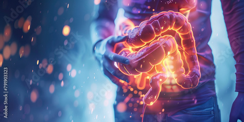 Celiac Disease: The Digestive Issues and Malnutrition - Picture a person with highlighted small intestine showing damage, experiencing digestive issues and malnutrition, illustrating the symptoms of c