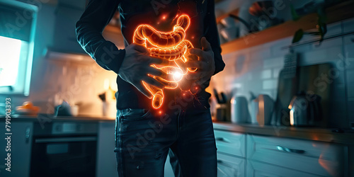 Celiac Disease: The Digestive Issues and Malnutrition - Picture a person with highlighted small intestine showing damage, experiencing digestive issues and malnutrition, illustrating the symptoms of c photo