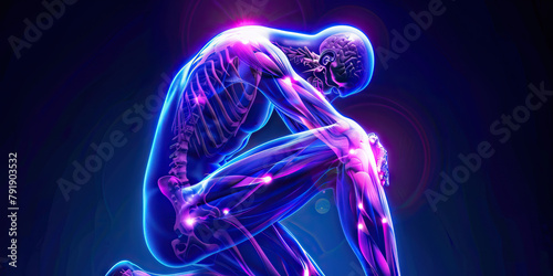 Fibromyalgia: The Widespread Pain and Fatigue - Imagine a person with highlighted muscles showing sensitivity, experiencing widespread pain and fatigue, photo