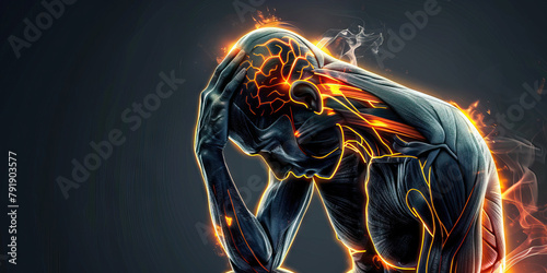 Fibromyalgia: The Widespread Pain and Fatigue - Imagine a person with highlighted muscles showing sensitivity, experiencing widespread pain and fatigue, photo