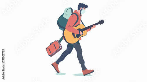 Young man going carrying guitar case wearing medical student