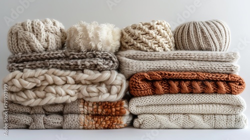 Cozy knitted winter accessories stack by a window, symbolizing warmth and comfort © Yusif