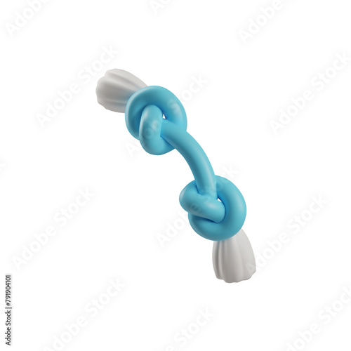 3D rope pet toy vector icon, blue cord with nodules, dogs or cats cute knot toy, render massage and gnaw accessory