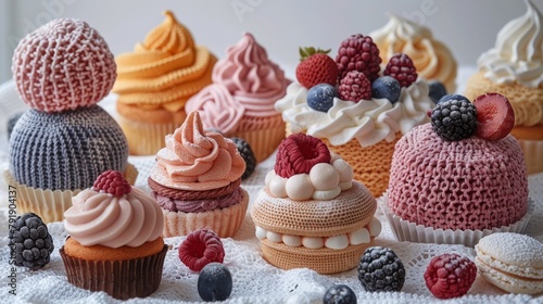 Delightful collection of realistic knitted desserts elegantly decorated with fresh berries