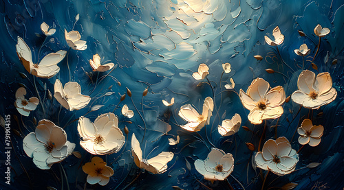 Starry Night Reverie: Dreamlike Oil Painting of Glowing Butterflies and White Flowers photo