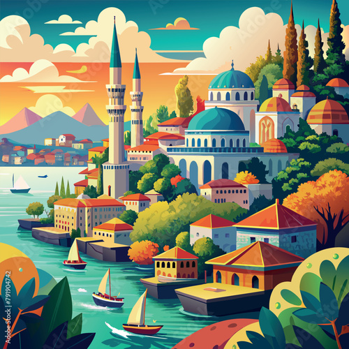 Istanbul A painting of a city with a large blue dome on top of a building