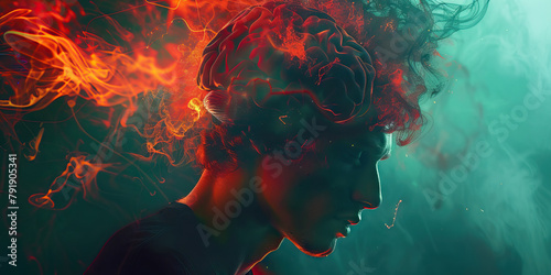 Schizophrenia: The Hallucinations and Delusions - Visualize a person with highlighted brain showing neurotransmitter imbalance, experiencing hallucinations and delusions, photo