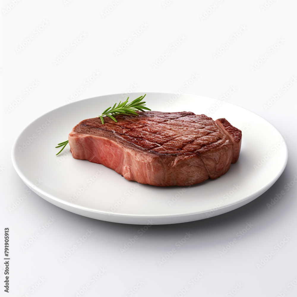 white plate with delicious cooked steak meat сreated with Generative Ai