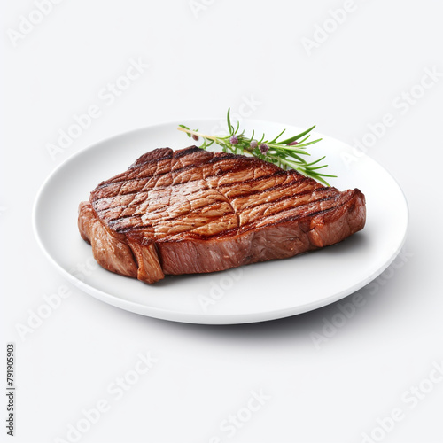 white plate with delicious cooked steak meat сreated with Generative Ai